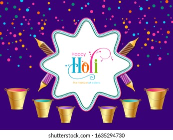 Illustration of Holi Festival with beautiful pichkari,bucket and colorful intricate calligraphy vector.