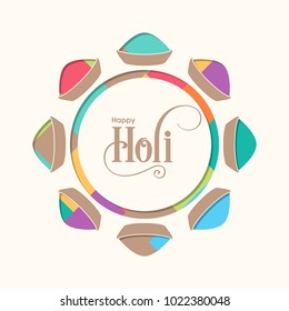 Illustration of Holi Festival with colorful powder containers and intricate calligraphy vector.