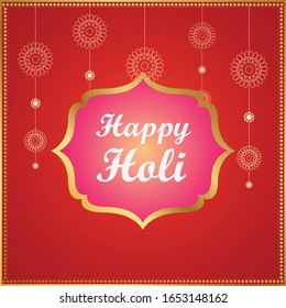 Illustration of Holi Festival Gold & Red with Gold Frame Happy Holi Vector Eps 9