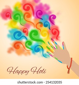 Illustration for holi with hand and colorful curls. Flat style.