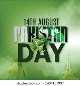  illustration of holiday 14 August is the day of independence of Pakistan. symbolic green colors and people silhouettes with flag