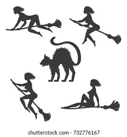 Illustration for the holiday of all Halloween Saints. Black and white Silhouette of a young witch on a broomstick with a cat in different poses.