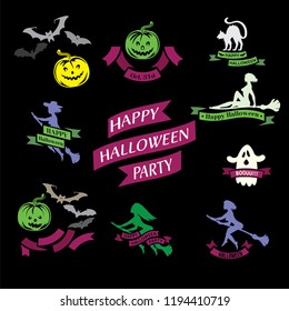 Illustration for the holiday of All Saints. Pictures dedicated to happy Halloween. Scary pumpkins, witches on brooms, black cats, and bats. Qualitative illustration in vector for holidays.