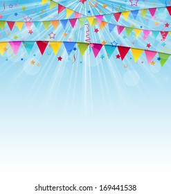 Illustration holiday background with birthday flags and confetti  - vector