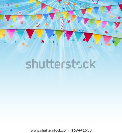 Illustration holiday background with birthday flags and confetti  - vector