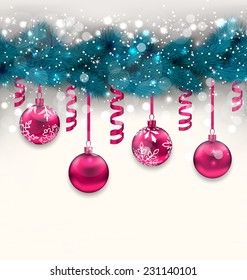 Illustration holiday background with Christmas fir branches and glass balls, copy space for your text - vector