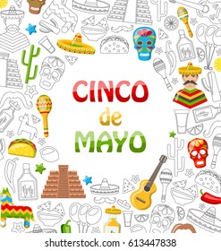Illustration Holiday Background with Collection Mexican Colorful Icons, Objects and Symbols for Cinco de Mayo - Vector
