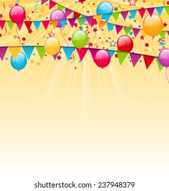 Illustration holiday background with colorful balloons, hanging flags and confetti - vector