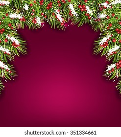 Illustration Holiday Background with Fir Branches and Berries, Copy Space for Your Text - Vector