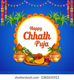 illustration of Holiday background for Sun festival of India with greetings in Hindi meaning  Happy Chhath Puja