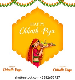 ilustración de antecedentes de feriado para el festival Sun de la India con saludos en hindi que significan feliz Chhath Puja