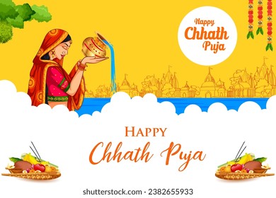 illustration of Holiday background for Sun festival of India with greetings in Hindi meaning  Happy Chhath Puja