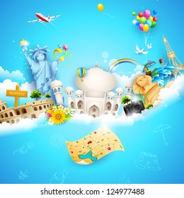 illustration of holiday background with travel object with famous monument on cloud