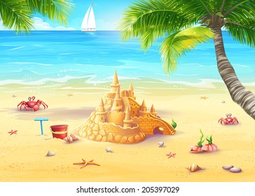 Illustration Holiday By The Sea With Sand Castle And Merry Mushrooms