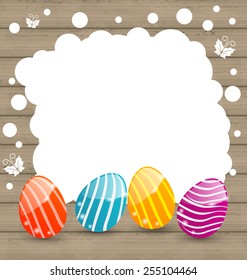 Illustration holiday card with Easter colorful eggs on wooden background - vector