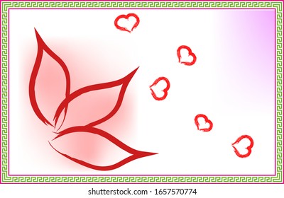 Illustration holiday card three petals of a red flower with a brush, red hearts around, on a white background in a frame