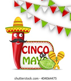 Illustration Holiday Celebration Background for Cinco De Mayo with Cartoon Character of Chili Pepper, Sombrero Hat, Maracas, Piece of Lime, Bunting Decoration with Traditional Mexican Colors - Vector