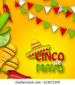 Illustration Holiday Celebration Banner für Cinco De Mayo mit Chili Pepper, Sombrero Hat, Maracas, Stück Lime, Kaktus. Jagddekor mit traditionellen mexikanischen Farben - Vektorgrafik