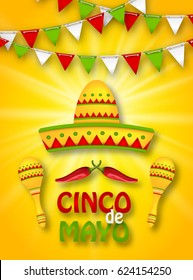 Illustration Holiday Celebration Banner for Cinco De Mayo with Chili Pepper, Sombrero Hat, Maracas. Bunting Decoration - Vector