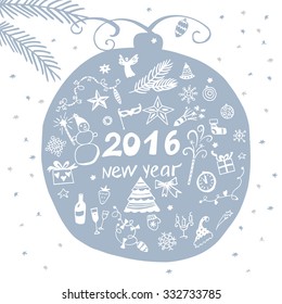Illustration for holiday celebration happy new year 2016. Hand-drawn design elements.