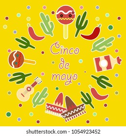 Illustration Holiday Celebration Poster for Cinco De Mayo with Chili Pepper, Sombrero Hat, Maracas, tequila, Cactus. Bunting Adornment with Traditional Mexican Colors - Vector