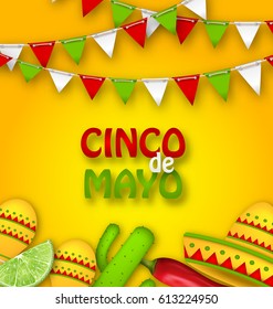 Illustration Holiday Celebration Poster for Cinco De Mayo with Chili Pepper, Sombrero Hat, Maracas, Piece of Lime, Cactus. Bunting Adornment with Traditional Mexican Colors - Vector