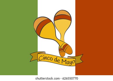 Illustration holiday celebration poster for Cinco De Mayo with maracas on traditional mexican colors flag