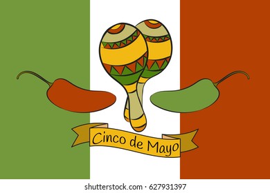 Illustration holiday celebration poster for Cinco De Mayo with maracas on traditional mexican colors flag