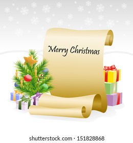 Illustration  of holiday composition: paper scroll for greeting and Christmas tree with baubles on snowy background