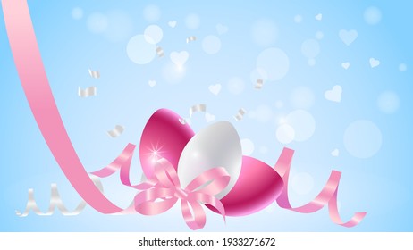 Illustration for the holiday Easter. Background, banner, flyer with Easter eggs and pink ribbon on a blue background. Element for design.