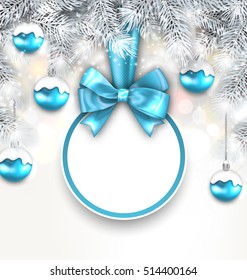 Illustration Holiday Glowing Background with Blank Card with Bow Ribbon and Silver Fir Branches, Christmas Balls - Vector