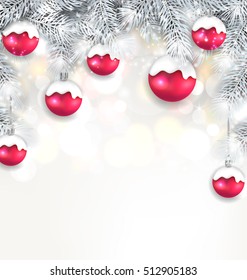 Illustration Holiday Glowing Background with Silver Fir Branches and Christmas Balls - Vector