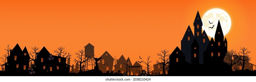 Illustration for the holiday of halloween 2021. Panorama of a sinister village. Halloween panorama with castle, cemetery and abandoned village. Vector illustration.