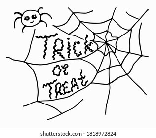 Illustration for the holiday of Halloween. Lettering - Trick or treat. Spider and web. White background, isolation.