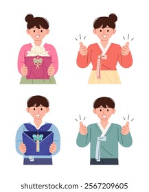Illustration of a holiday man and woman wearing hanbok. Thumbs up pose, gift giving pose.