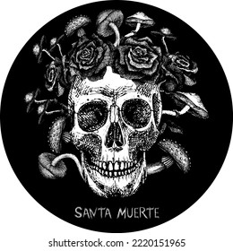 Illustration for the holiday of Santa Muerte. Black and white skull with roses and mushrooms. Flowers and various mushrooms sprouting from a human skull. Vector drawing for tattoos, cards, covers