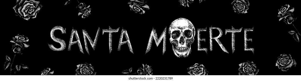 Illustration for the holiday of Santa Muerte. Black and white skull with roses. Flowers sprouting from a human skull. Vector drawing for tattoos, cards, covers, banner