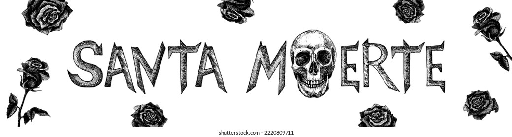 Illustration for the holiday of Santa Muerte. Black and white skull with roses. Flowers sprouting from a human skull. Vector drawing for tattoos, cards, covers, banner