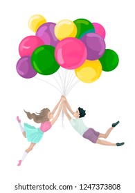 The illustration a holiday, school students to hold ornament - balloons, flying to the sky.