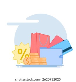  Illustration of holiday seasonal discount, cheap sale with cashback percentage for cash payment. Concept of shopholism and consumerism, shopping