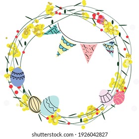 Ilustración de símbolos de vacaciones para el diseño. Colección de primavera y Semana Santa de animales bonitos, flores y decoraciones. Perfecto para carteles, tarjetas, scrapreserve , etiqueta, invitación, kit de emoticones. Vecino dibujado a mano