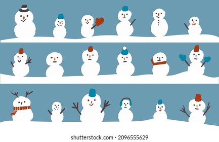 Illustration of ｗinter holidays or Christmas with 18 snowmans.