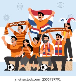 Illustration of Holland Football Fans Cheering with Flags and Soccer Enthusiasm