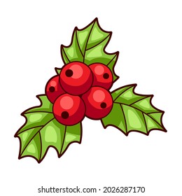 Illustration of holly berry. Sweet Merry Christmas item. Cute symbol in cartoon style.