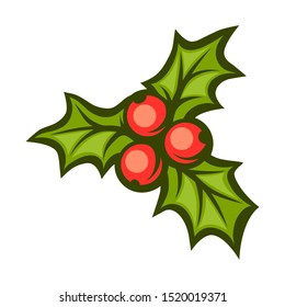 Illustration of holly branch with berries. Stylized cartoon icon in retro style.