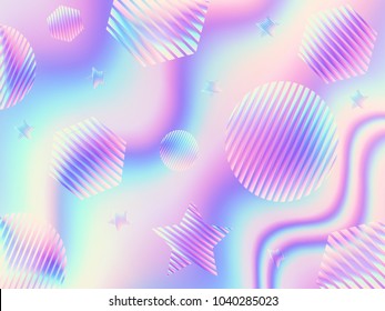 

Illustration of holographic fantasy background and pastel color. geometric pattern in holographic sky with rainbow

