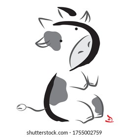 Illustration Of A Holstein Cow Sitting.Japanese Characters Are 