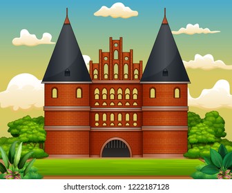 Illustration of the holstentor in the middle of a natural landscape