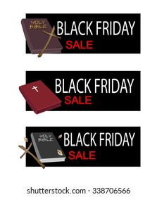 Illustration of Holy Bible with Wooden Cross on Black Friday Shopping Banner for Start Christmas Shopping Season.
