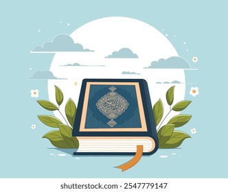 Illustration of the Holy Quran with Islamic patterns, surrounded by floral elements and a serene blue background